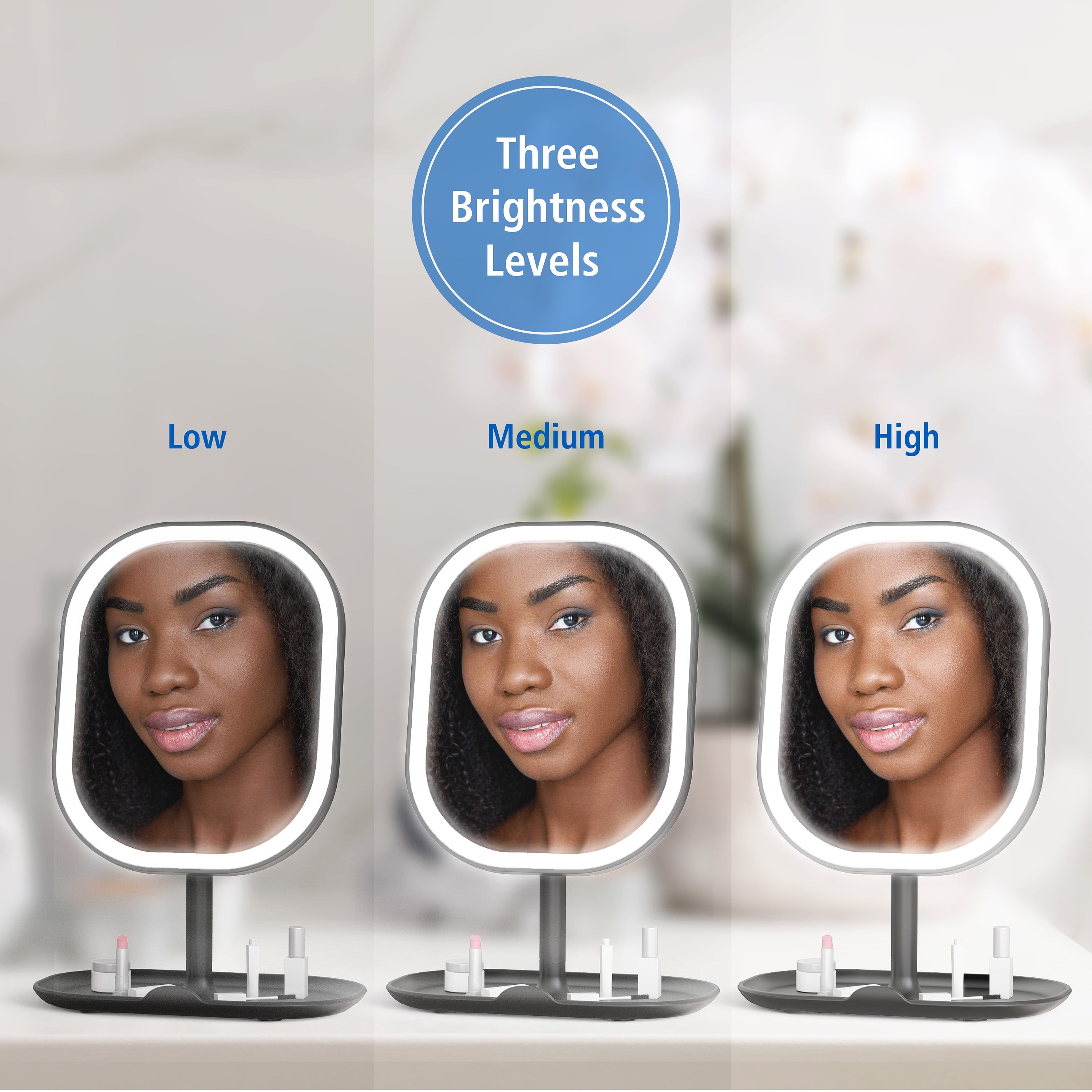 LED Makeup Mirror, Rechargeable Vanity Mirror with Lights and Storage Tray Base, Black