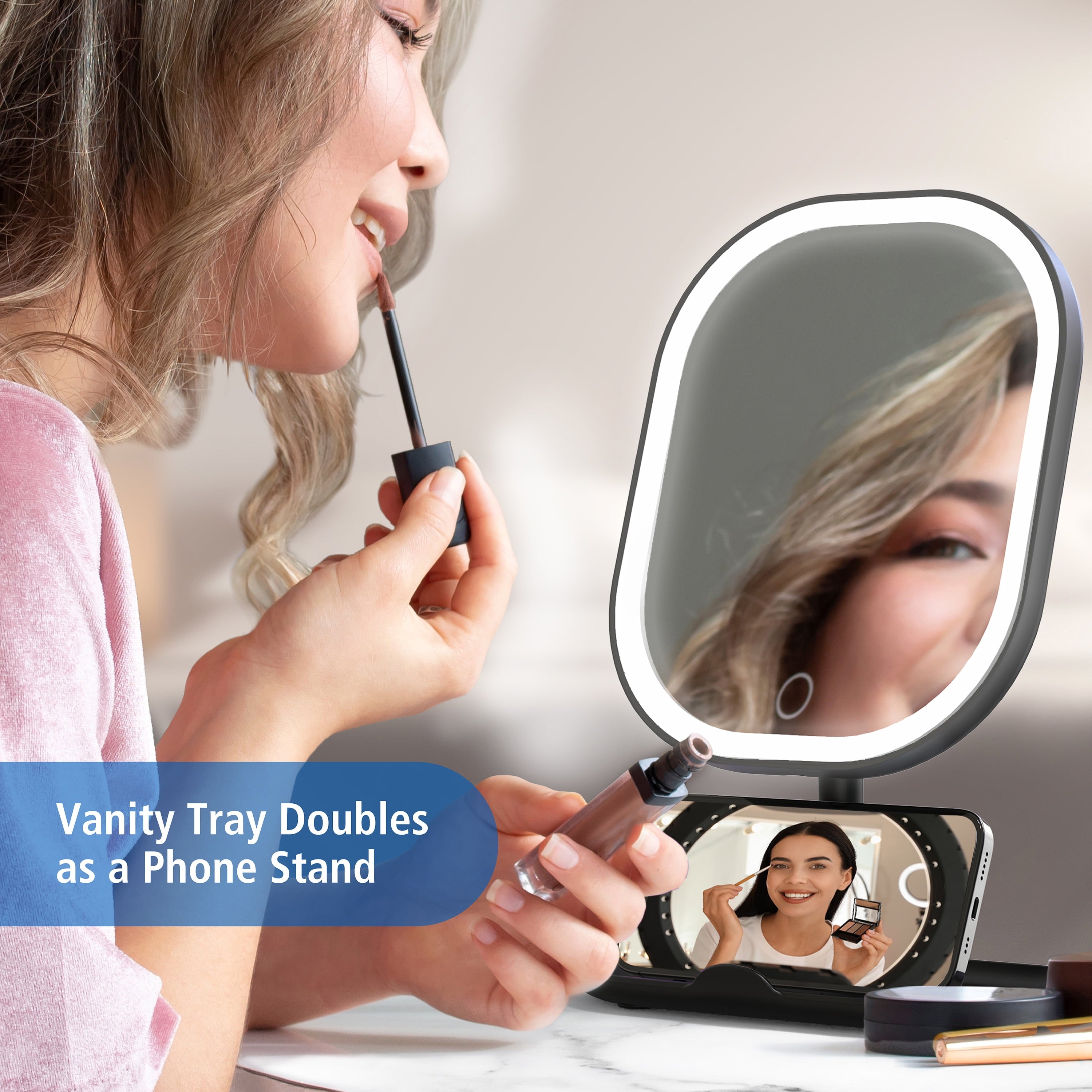 LED Makeup Mirror, Rechargeable Vanity Mirror with Lights and Storage Tray Base, Black