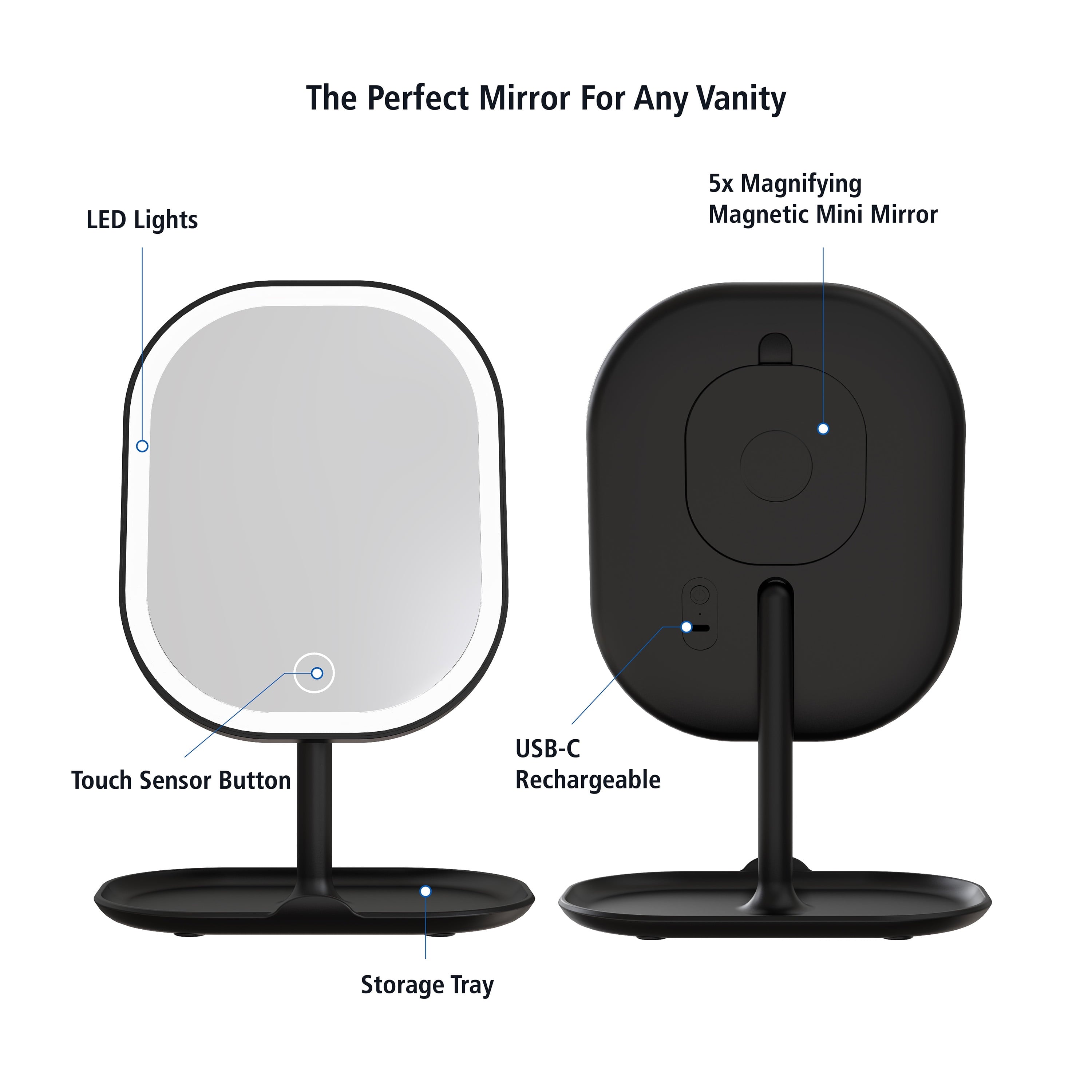 LED Makeup Mirror, Rechargeable Vanity Mirror with Lights and Storage Tray Base, Black