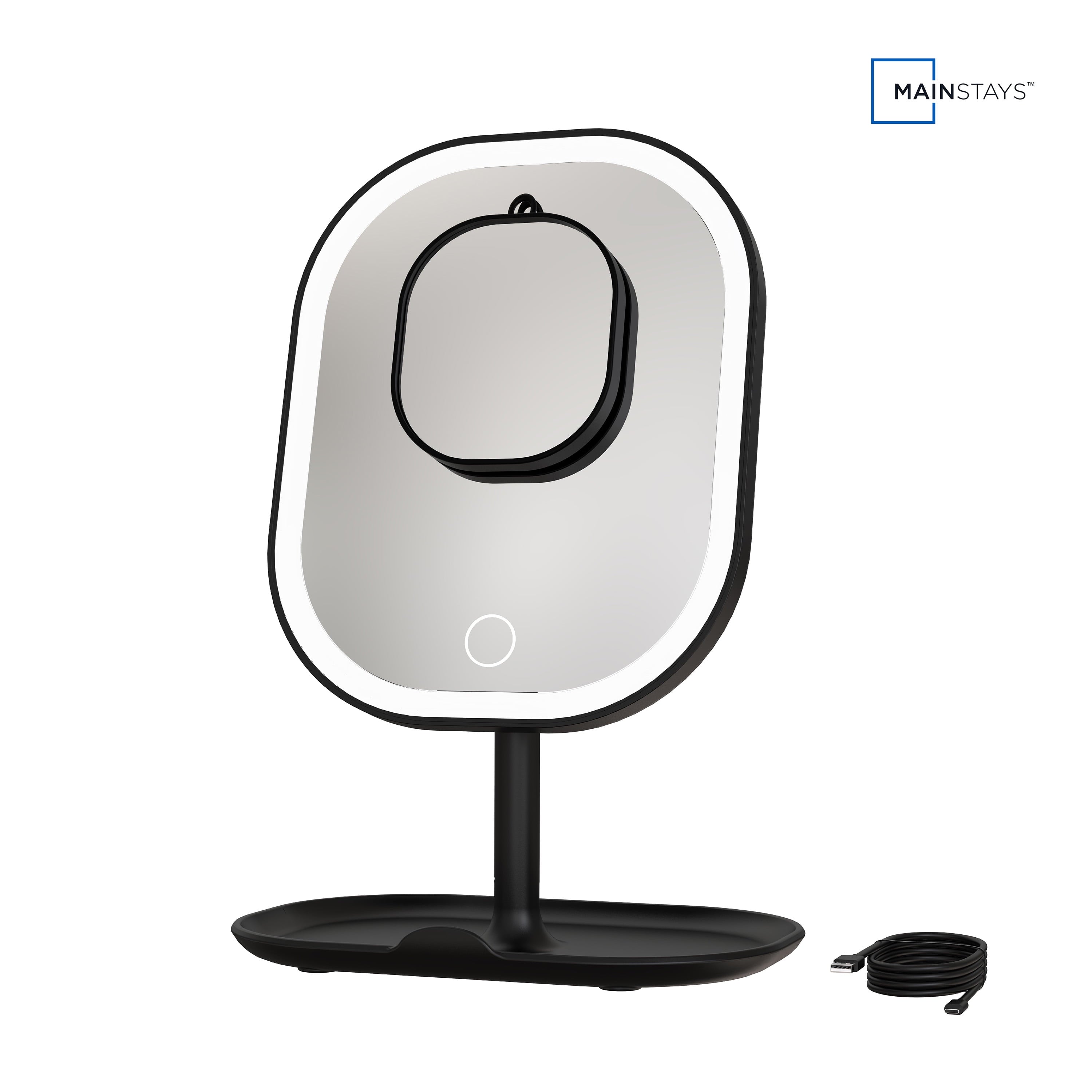 LED Makeup Mirror, Rechargeable Vanity Mirror with Lights and Storage Tray Base, Black