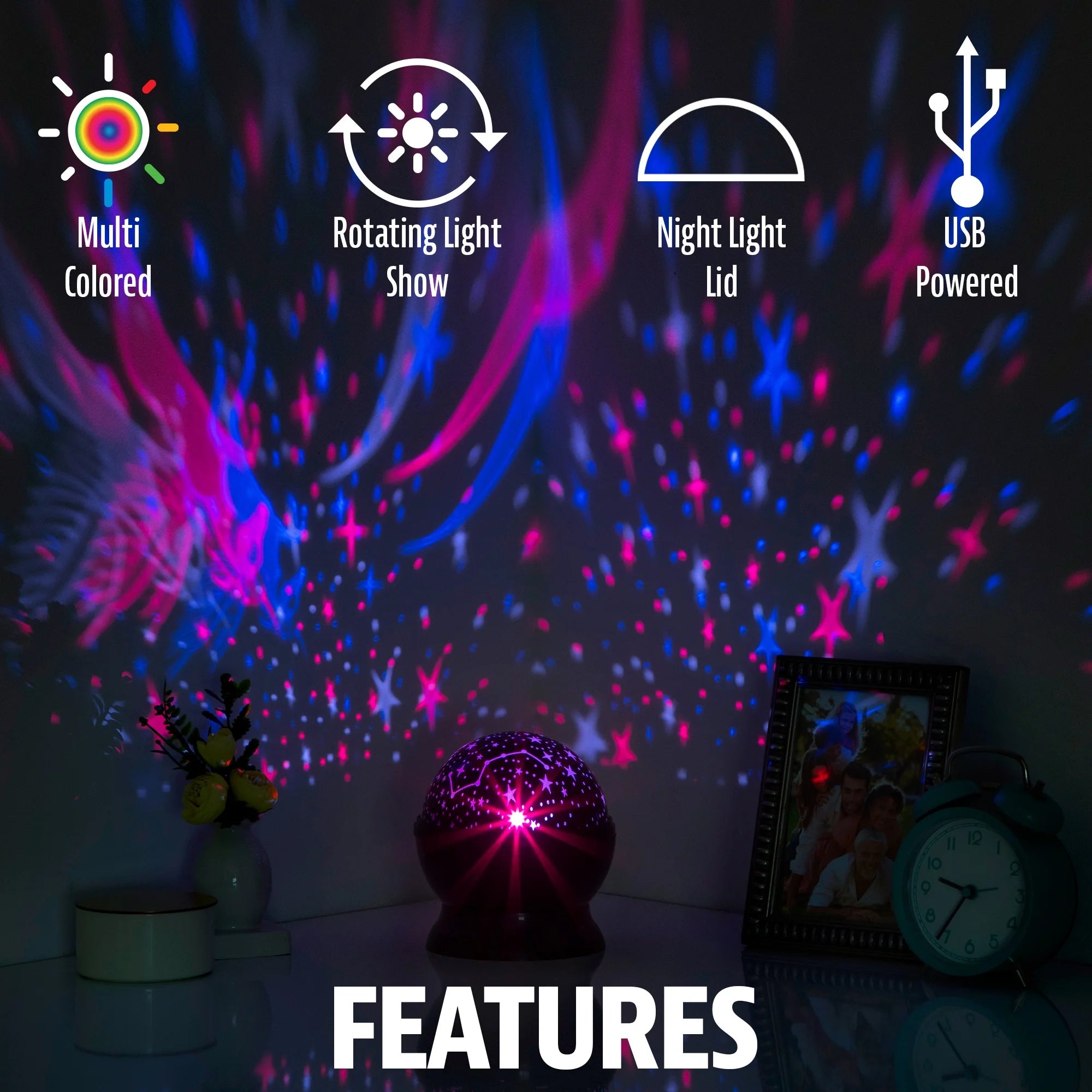 Celestial™ LED Star Projector Light – Multicolor Rotating, USB or Battery Powered