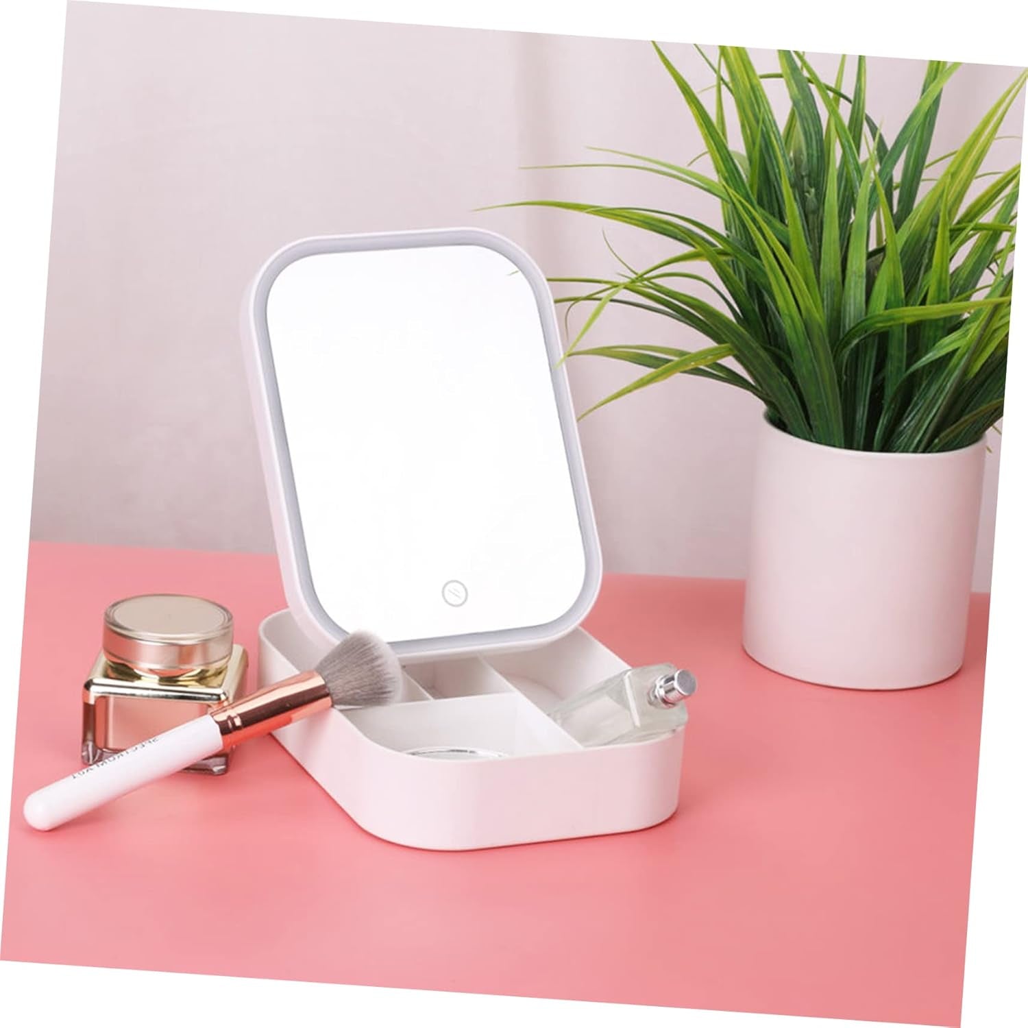 LED Lighted Makeup Mirror Storage Box – Portable Desktop Cosmetic Organizer